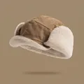 Brown corduroy aviator hat with plush white faux lamb wool lining and ear flaps - One Size (55-58cm) / Khaki