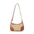 Brown faux leather and light woven straw underarm bag for women with shoulder strap - Brown