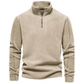 Detail of khaki fleece pullover with 1/4 zip, stand collar and reinforced sleeve stitching - S / Light Khaki (HD08)