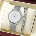 Silver mesh band SOKI quartz watch with matching Cuban chain bracelet in red gift box - Silver White Set