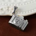 Silver stainless steel camera pendant necklace with a sparkling white gemstone inlay - Zirconia Camera - Steel