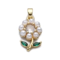 Pendentif fleur dorée avec perles blanches, centre cristal et feuilles vertes - Fleur de Perle/CX112-5