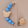 Blue silicone and wooden bear pacifier clip holder with natural beads on pink background - Sky Blue(96#)