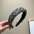 Detail of tweed headband with gray-green and dark red weaving and green sequins - Padded Headband / 3CM Wide / Dark Green + Gold Powder Sequins