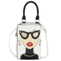 Cute cartoon design small handbag in white leather with black handles and gold hardware - White