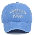 Detail of white LIMITED EDITION 1990 embroidery on washed blue cotton baseball cap - Adjustable / Light Blue