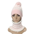 Set berretto e sciarpa in maglia a righe rosa e bianche con pompon per bambini e bambine - Rosa