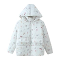Detail of white hooded puffer jacket featuring colorful strawberry and disco ball prints - S / White Floral