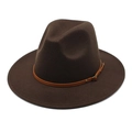 Detail of dark brown wool fedora hat featuring wide flat brim and leather buckle band - M (56-58cm) / Dark Coffee
