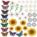 Detail van kleurrijke geborduurde vlinder- en bloemenpatches met fijne naaiwerktextuur - Vlinder Zonnebloem Set (42st)
