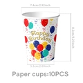 Pack of 10 colorful balloon Happy Birthday paper cups with detailed dimension labels - Printed Paper Cups