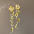 Detailed view of yellow fabric flower earrings with elegant pearl fringe tassels - Silver Earring Post Style (152#) / Gold-Yellow