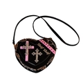 Gothic Punk Herz Schultertasche aus schwarzem Lackleder mit rosa Nieten Details - Schwarz