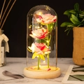 Preserved pink gradient roses in a glass dome with warm LED lights and wooden base - Wood Base Pink Flower + Petals