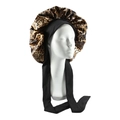 Leopard print satin sleep bonnet with black high-elastic adjustable tie straps - Brown Leopard