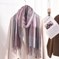 Pink, grey and purple plaid faux cashmere scarf with tassels on a beige coat - 180*70cm / Purplish Red