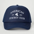 Navy blue trucker hat with American Cowboy Club embroidery and breathable mesh back - Adjustable / Navy Blue