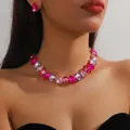 Close-up of pink and purple crystal necklace and earring set on female model - Teardrop Purple Pink Style + Earrings