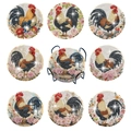 8-piece DIY diamond painting coaster set with colorful rooster patterns and black metal holder - Rooster Art Style