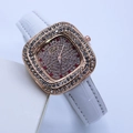 Elegante quadratische Damenuhr in Roségold mit Strasssteinen und weißem Lederarmband - Weiß Roségold Gehäuse