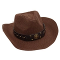 Detailed texture of dark brown woven straw cowboy hat with leather and metal rivets - Coffee