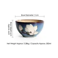 Japanese ceramic rice bowl in gradient blue with white magnolia pattern, 300ml capacity - 4.5 Inch / Magnolia