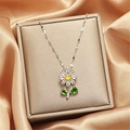 Exquisite daisy flower pendant necklace with white crystals and silver chain for women - Green Leaf Silver (Necklace with Chain)