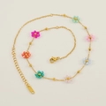 Golden stainless steel necklace featuring colorful crystal flower beads and K18 hallmark tag - Necklace / Colorful