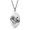 Silver stainless steel oval pendant necklace with minimalist black floral poppy design - August Poppy (KN227541-Z)