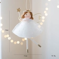 Brown hair angel hanging ornament with white tulle dress and gold star wand for Christmas - White