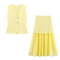 Women's V-neck knit vest and pleated long skirt two-piece set in light yellow - S / Yellow Set