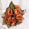 Champagne artificial peony bouquet with lush silk petals and green leaves for home decor - Orange