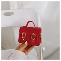 Detail of red glossy mini jelly bag with gold chains and double buckle hardware - Rose Red
