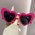 Fashionable heart-shaped sunglasses with pink rhinestones and dark lenses for women - Rose Red with Rhinestones