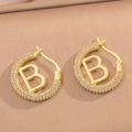 French style gold micro-pave letter B hoop earrings with sparkling crystals for women - Gold