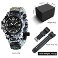 Gray camouflage outdoor dual display watch with nylon strap, compass, and gift box set - 827-5 + Packaging + PU Strap