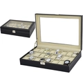 Black 12-slot watch box with clear glass window and beige velvet interior lining - 24 Slots / Black/Beige Interior