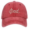 Close-up of the light green 'Dad' 3D embroidery on a washed red cotton baseball cap - Washed Red DAD Embroidery Baseball Cap