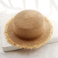 Flat top straw boater hat with frayed edges and natural weave for summer vacation - One Size / Frayed Edge Khaki