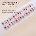 Franse cat-eye press-on nagels set met roze gradiënt en strikjes decoraties - Roze Gradiënt Cat Eye Strik Polka Dot Stijl (T298) / 30 Stuks/Strip