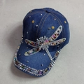 Dark blue denim baseball cap with colorful rhinestone dragonfly pattern for women - Adult, Adjustable / Dragonfly