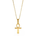 Detalle del colgante de cruz Ankh en acero inoxidable chapado en oro 18K con cadena fina - Ankh Dorado / Dorado