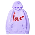 Lavender hoodie with red love text and heart print featuring a drawstring hood and pocket - S / Tops / Lavender