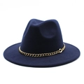 Detailed view of dark blue wool fedora with a decorative chunky gold chain accent - M (56-58cm) / Navy Blue