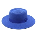 Classic royal blue flat top straw boater hat with a matching satin ribbon bow - Sapphire Blue