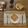 Rectangle jute placemat with white floral lace trim on dark wood table setting - Lace Trim