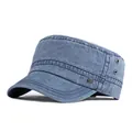 Navy blue washed cotton cadet cap with flat top and side metal logo detail - Adjustable / Blue Denim