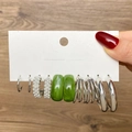 Silver 6 Pairs Set (Pearl/Green Resin Hoop)(HS739-43)