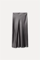 Detailed view of dark grey satin midi skirt showing premium silky texture and drape - XS / Gray
