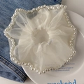 Elegant white organza scrunchie with white pearl trim and a soft textured finish - Pearl Edge White Mesh